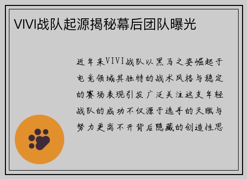 VIVI战队起源揭秘幕后团队曝光